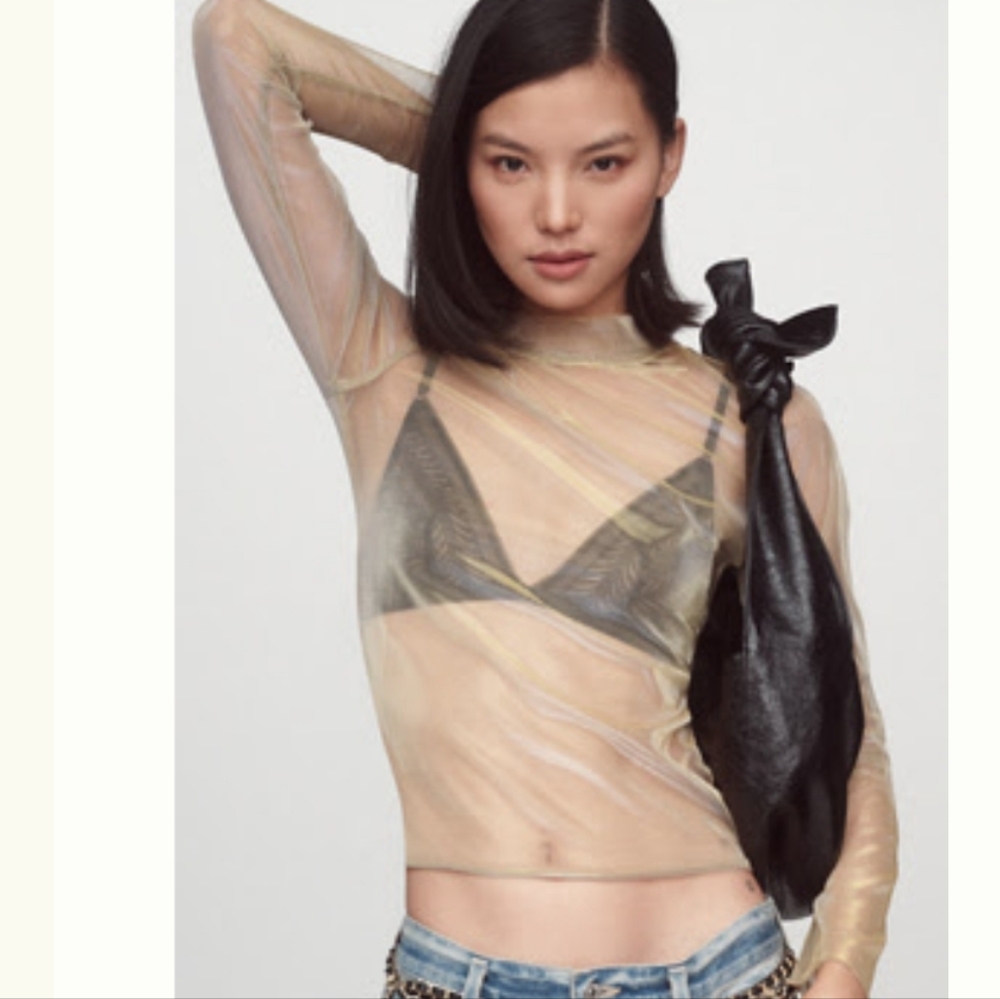 Anthropologie - Gold Long Sleeve Sheer Shimmer Turtleneck Top - M